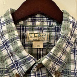 Vintage LL Bean Mens Shirt Blue Green Plaid 100% Cotton S/S Button Down Size L